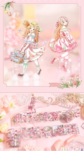 Detail of Spring Garden PET tape and acrylic stands featuring tulips and anime girls