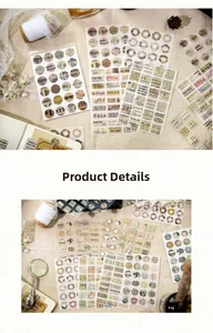 Vue macro d'autocollants vintage pour scrapbooking avec écritures et motifs floraux