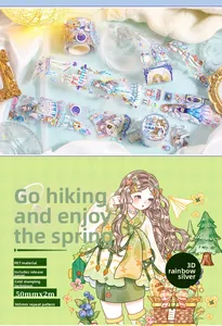 Macro view of PET decorative tape with 3D rainbow silver foil and anime girl designs