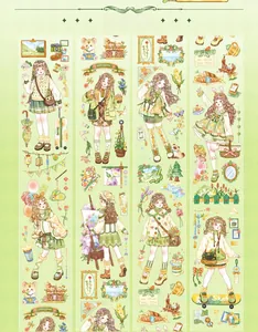 Detail preview of PET tape with green forest theme girls and picnic illustrations