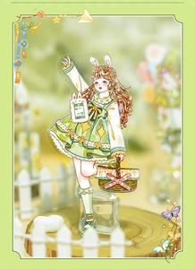 Detail of anime girl PET tape featuring a green lace dress and bunny ear headband