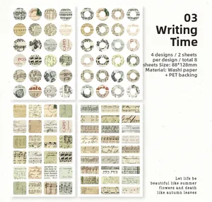 Détail d'autocollants washi vintage avec motifs botaniques pour décoration de journaux