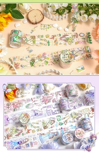 Detail view of PET decorative tape featuring dreamlike girl illustrations and gold foil