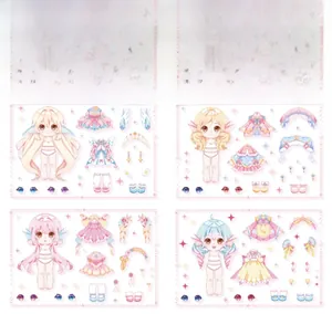 Détail d'autocollants anime rose avec quatre personnages mignons et leurs accessoires