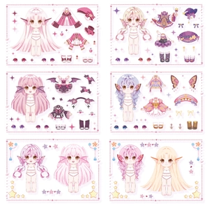 Détail de stickers anime DIY avec tenues de mode lolita rose et accessoires variés