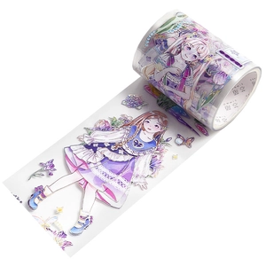 Translucent PET tape with purple anime girl illustrations and floral motifs for journaling