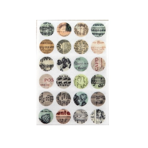 Lot de stickers ronds vintage avec musique et éléments rétro sur fond blanc