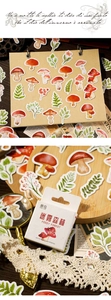 Macro detail of botanical mushroom stickers in vintage forest theme for scrapbooking