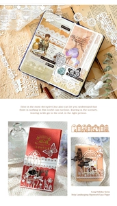 Dettaglio di carta pizzo vintage con ritagli di finestre e farfalle per scrapbooking