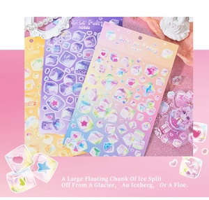 Detailed holographic Winter Fairy stickers with magical crystals and stars on glittery pink surface