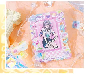Detail of pink and purple DIY sticker set for transparent card holders on orange background