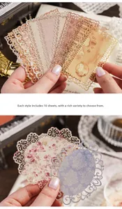 Macro detail of vintage floral lace paper for scrapbooking with 10 sheets per pack