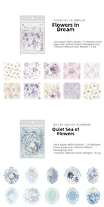 Detail view of floral lace paper stickers for scrapbooking in purple and blue tones