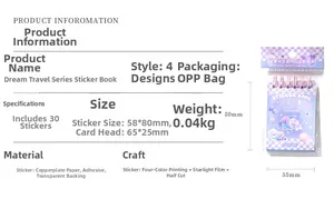 Detail view of 30-sheet purple stickers book with 58x80mm dimensions and star film finish