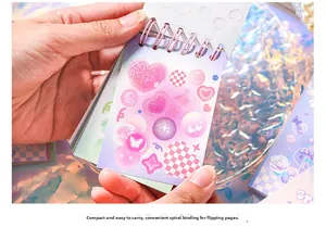 Mini pink laser spiral sticker book with heart and checkerboard patterns for DIY journaling