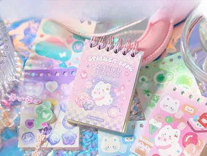 Detail view of Dream Tour series cartoon stickers with colorful bubble and bear motifs