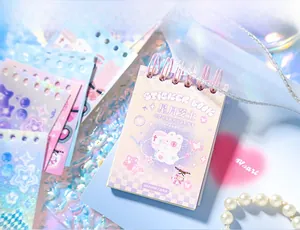 Macro detail of laser holographic sticker book with cute rabbit design and spiral binding