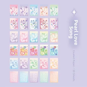 Macro display of 30 dreamy macaron stickers with floral and ribbon patterns on coated paper