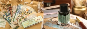 Detail of vintage botanical stickers showing retro floral designs and kraft paper textures