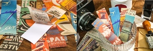 Detailed view of vintage themed stickers featuring retro travel and hotel label designs