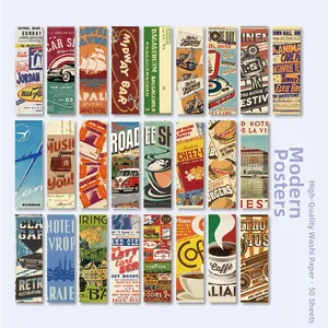 Detaillierte Übersicht von 50 Vintage-Washi-Stickern mit Retro-Auto- und Food-Designs
