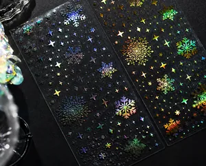 Close-up of snowflake pattern tape with cold holographic silver and gold laser effects