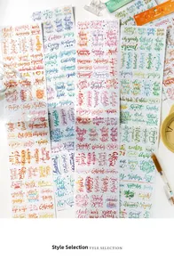 Detail van kleurrijke washi-tape stickers met Engelse kalligrafie voor DIY scrapbooking