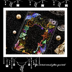 Close-up of rainbow laser silver decorative card case with butterfly stickers and pearls