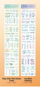 Detail van DIY-journaltapes met Engelse woordstickers in groen en ijsblauw