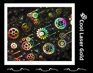 Detailed holographic laser gold gears and steampunk elements on decorative stickers