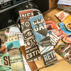 Retro aesthetic stationery stickers set featuring vintage cars and architecture themes