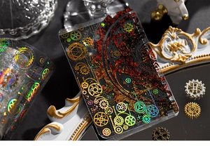 Macro view of steampunk PET decorative tape with laser silver gears and clockwork details