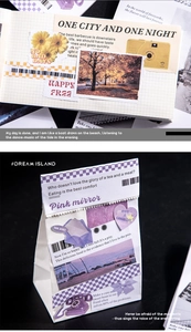 Details zum lila karierten Schreibwaren-Set im koreanischen Vintage-Collage-Stil