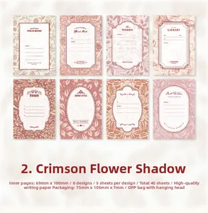 Detailed grid layout of vintage floral memo pads with crimson plant motifs and borders