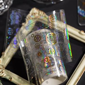 Steampunk gear laser silver PET tape with colorful holographic gears for journaling