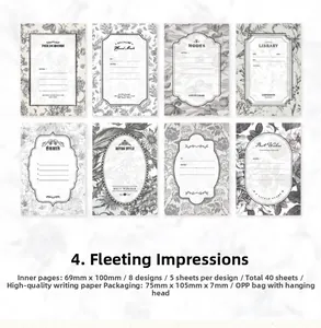 Detail of vintage European floral note cards with elegant library and Paris motifs