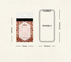 Vintage style notepad size comparison with iPhone showing 75mm by 105mm dimensions