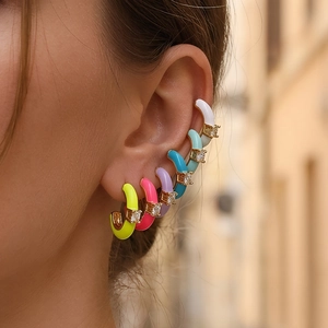 C-Shaped Enamel Earrings Copper Gold Plated With Colorful Oil Drip Enamel And Round Zircon Geometric Fashion For Women