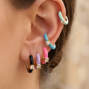 Chic gold C-shaped earrings with colorful enamel coating and rectangular zircon accents