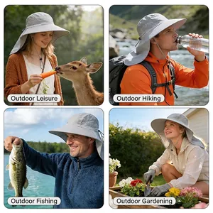 Quick-dry sun hat with neck flap for fishing and hiking, shown in outdoor scenarios