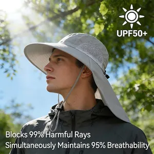 UPF50+ wide brim sun hat with neck flap and breathable mesh for outdoor hiking