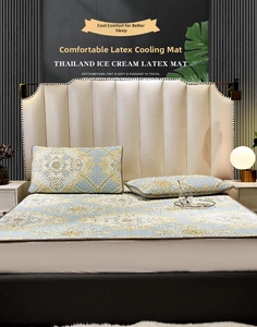 Detail of Thai ice silk latex mat with blue and gold geometric retro patterns