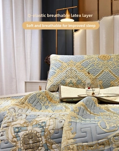 Luxurious blue and gold latex cooling mat with classic European damask patterns and quilting