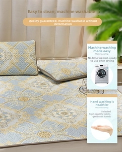 Detail of grey-blue cooling mat with quilted texture and gold geometric patterns