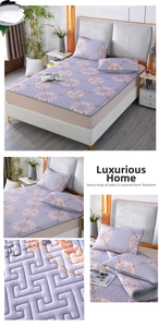 Detail of lavender ice silk latex mat set with floral pattern and quilted texture