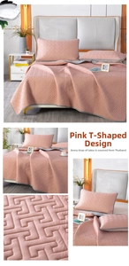 Detail of dusty rose Thai latex cooling mat with T-shape quilting and grey piping