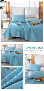 Detail of Sky Blue T-shaped quilted latex mat set featuring Thai latex filling texture