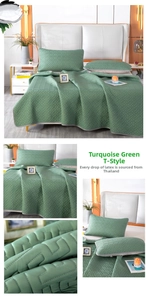 Detailed view of turquoise ice silk latex mat set with T-shaped geometric quilting texture