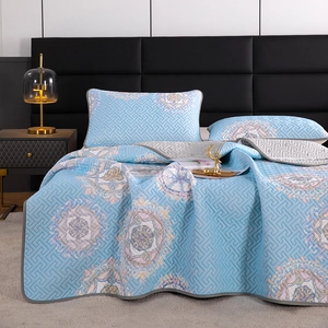 Three-piece quilted ice silk latex mat set in light blue with floral mandala patterns