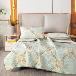 Three-piece mint green ice silk latex cooling mat set with classical Greek key pattern